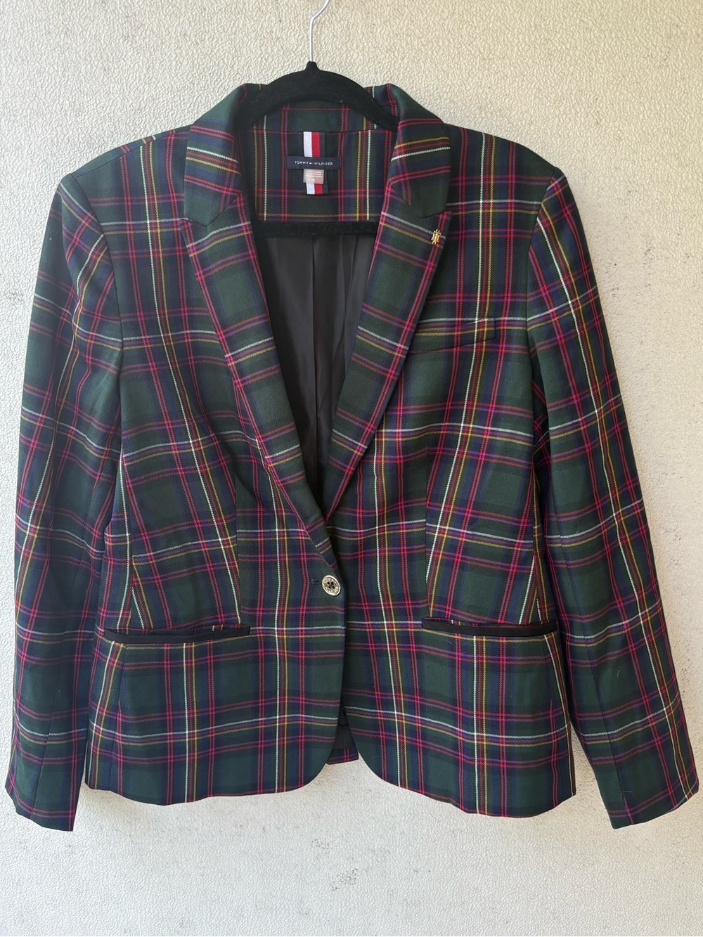 Tommy Hilfiger Tartan Plaid Blazer Velvet Elbow Patch Jacket Size 14